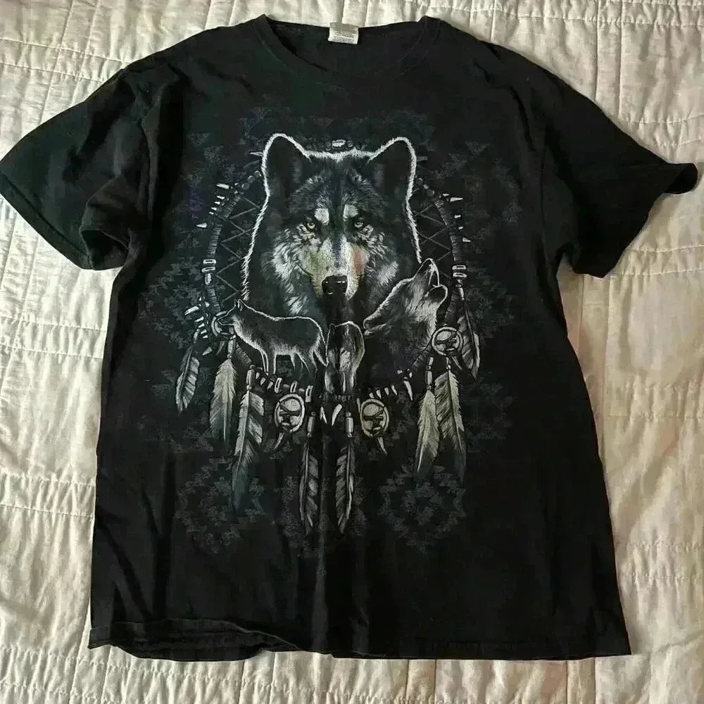 Vintage 90s wolf dream catcher black graphic t shirt mens large streetwear fall - Picture 1 of 4